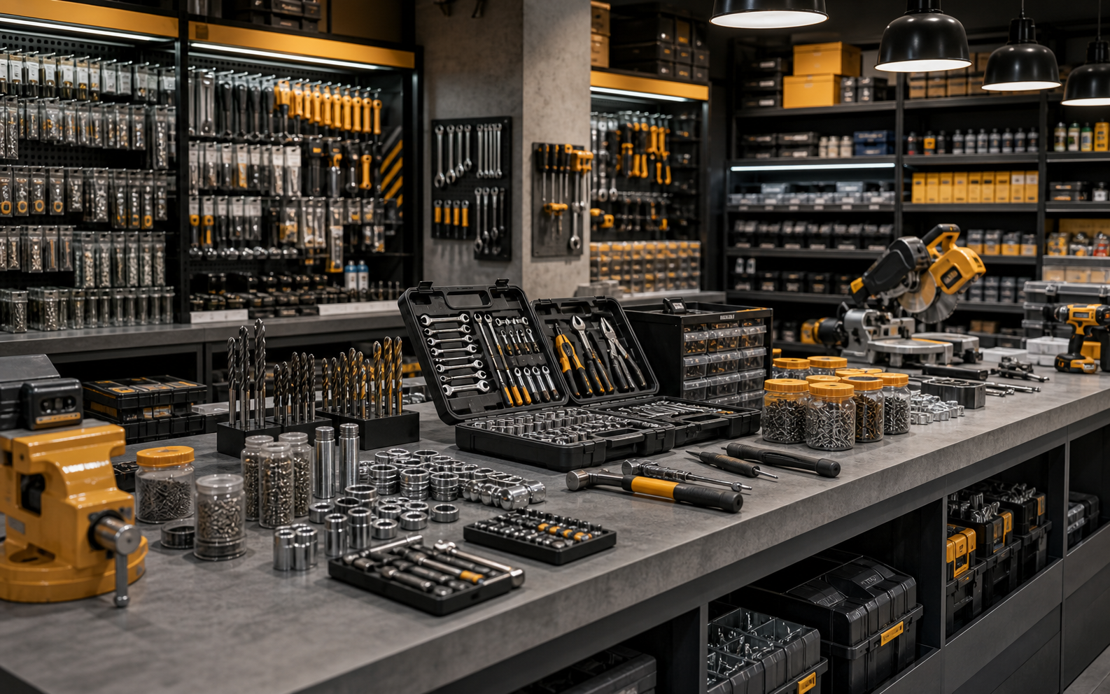 Service bench with machine-tool parts, calibrated tools and maintenance instruments
